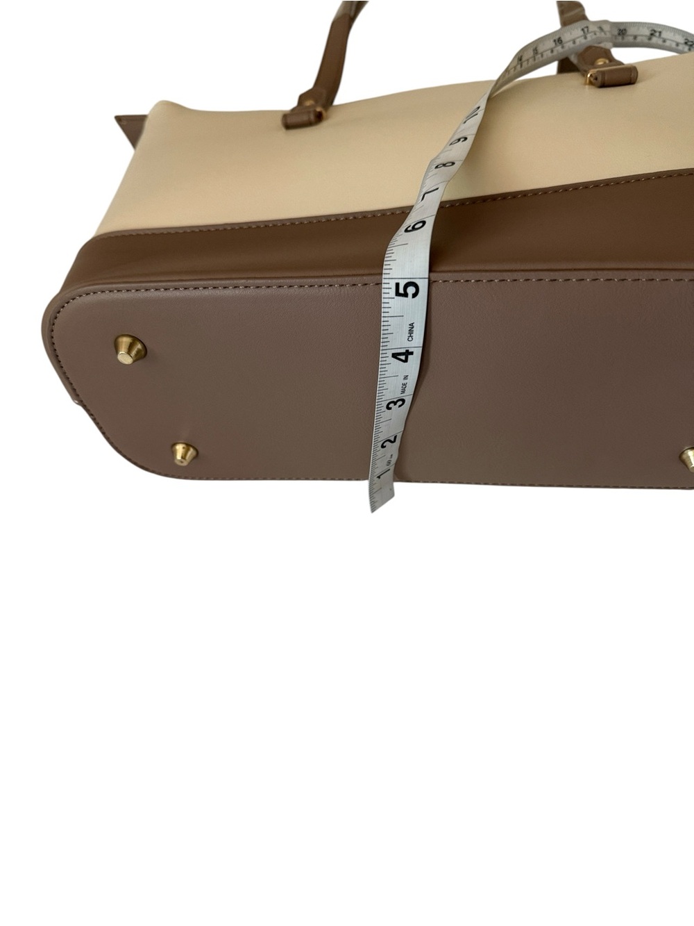 Loulu Elegant Two-Tone Cream /Taupe Structured Tote Bag,faux leather ,15”x10”x5” - Picture 9 of 10